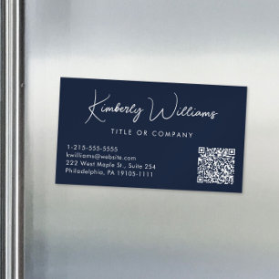 Minimal Script QR Code Professional Blue Business Card Magnet