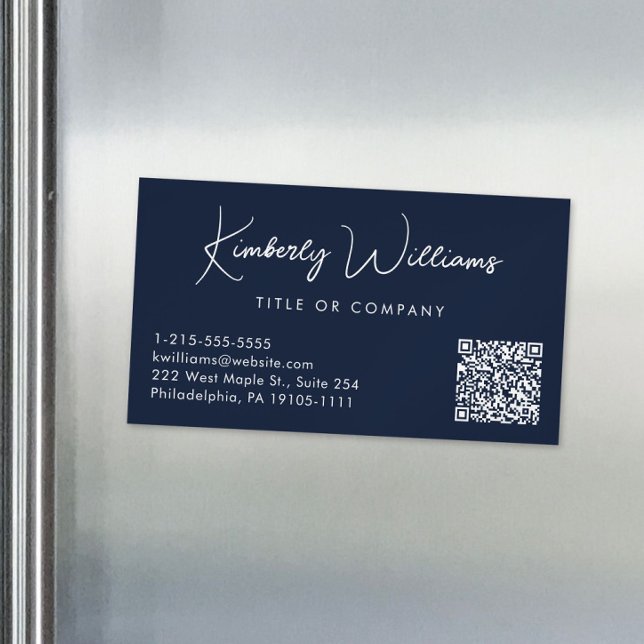 Minimal Script QR Code Professional Blue Business Card Magnet (Creator Uploaded)