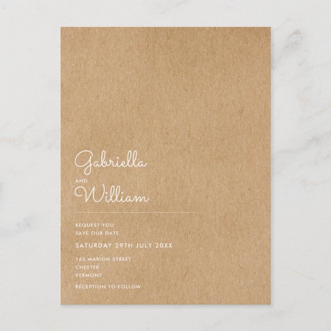 Minimal Script Rustic Kraft Save the Date Postcard (Front)
