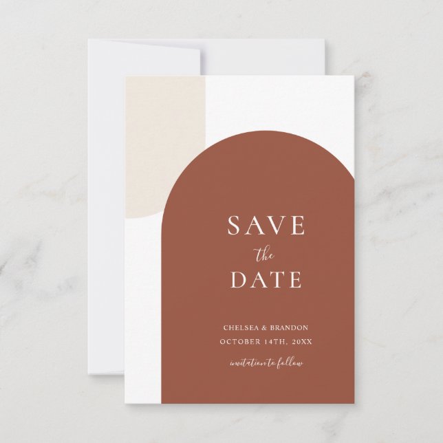 Minimal Script Rustic Terracotta Boho Arch Wedding Save The Date (Front)