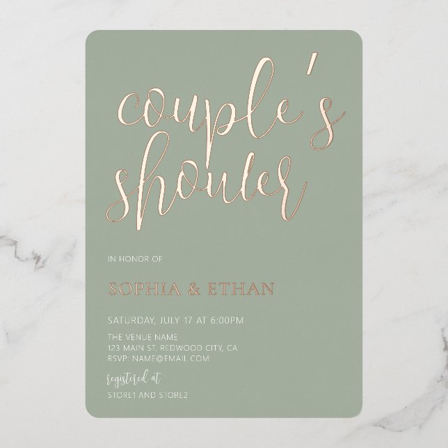 Minimal Script Sage Green Couples Shower Foil Invitation (Front)