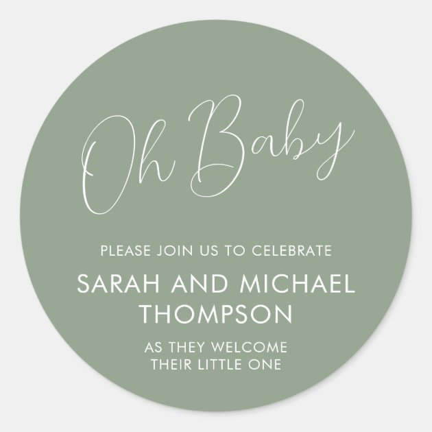 Minimal Script Sage Green Oh Baby Classic Round Sticker