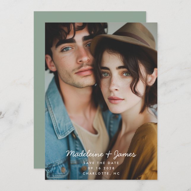 Minimal Script Sage Green Photo QR Code Wedding Save The Date (Front/Back)