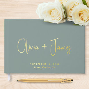 Minimal Script Sage Green Wedding Foil Guest Book