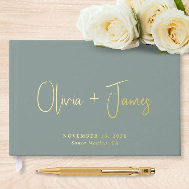 Minimal Script Sage Green Wedding Foil Guest Book (Creator Uploaded)
