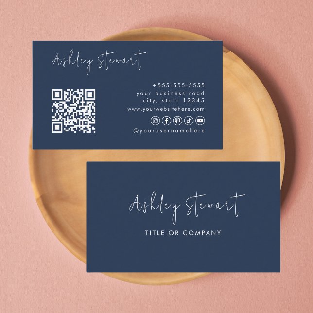 Minimal Script Sicial Media Qr Code Navy Blue Business Card (Creator Uploaded)