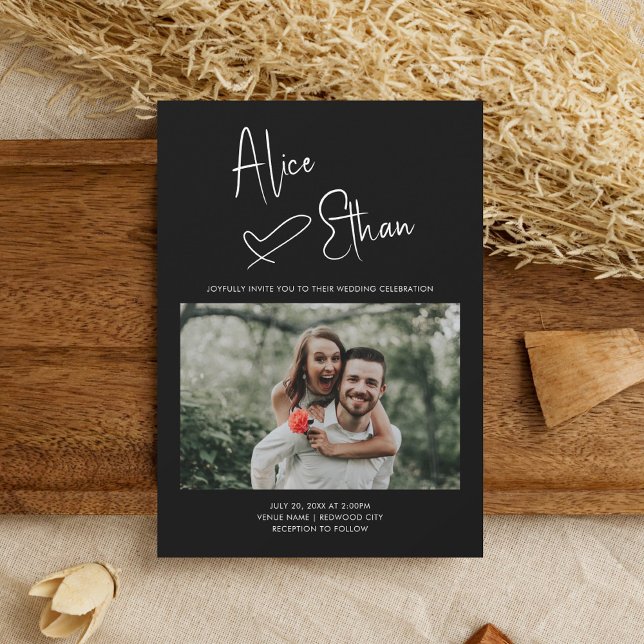 Minimal Script Signature Heart Photo Black Invitation (Creator Uploaded)