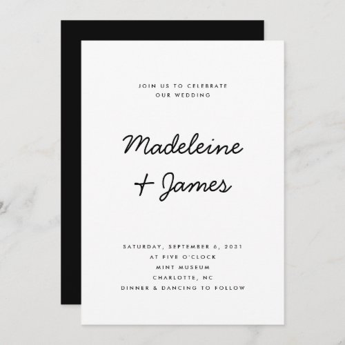 Minimal Script Simple Modern Black White Wedding Invitation