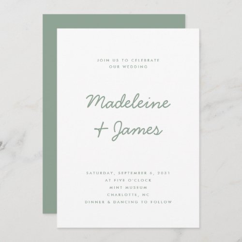 Minimal Script Simple Modern Sage Green Wedding Invitation