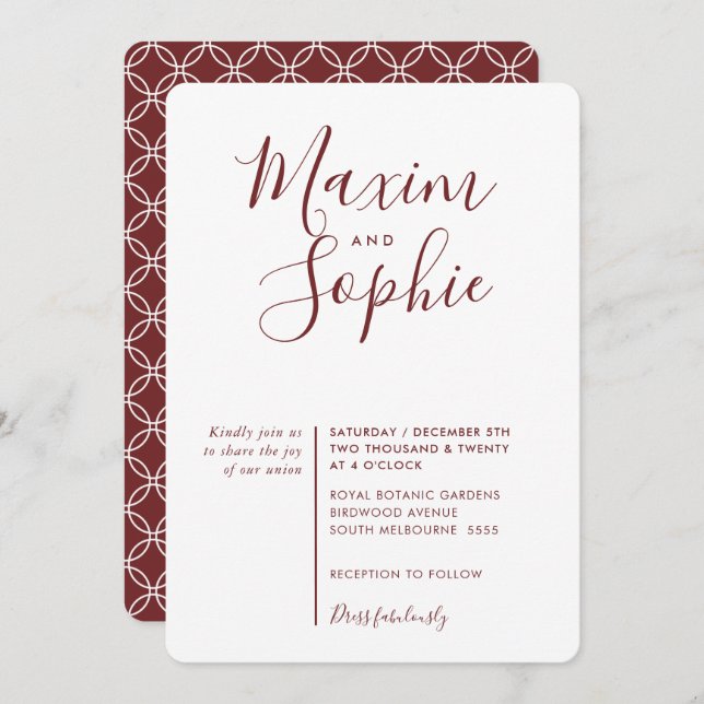 MINIMAL SCRIPT simple modern wedding dark red wine Invitation (Front/Back)