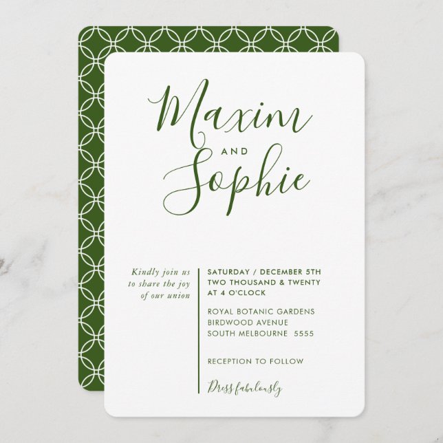 MINIMAL SCRIPT simple modern wedding forest green Invitation (Front/Back)
