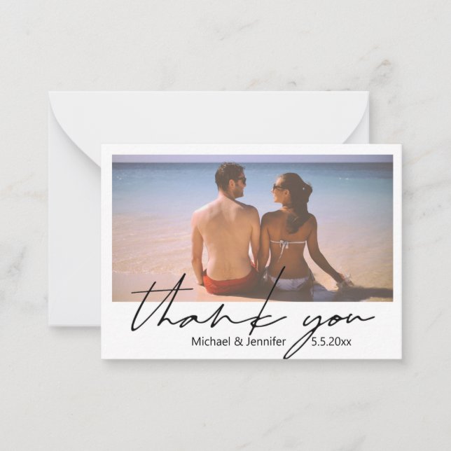 minimal script summer wedding photo thank you  note card (Front)