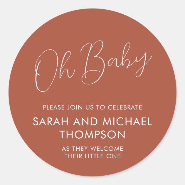 Minimal Script Terracotta Oh Baby Classic Round Sticker
