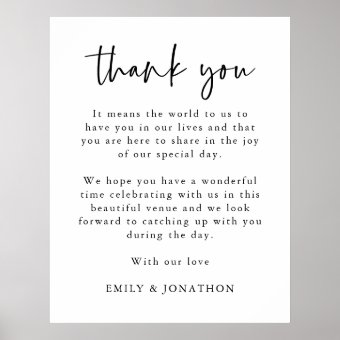 Minimal Script Thank You Letter to Wedding Guests Poster | Zazzle