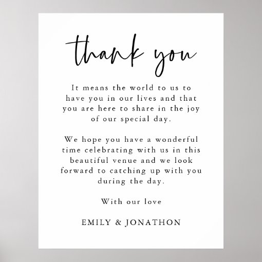 Minimal Script Thank You Letter to Wedding Guests Poster | Zazzle