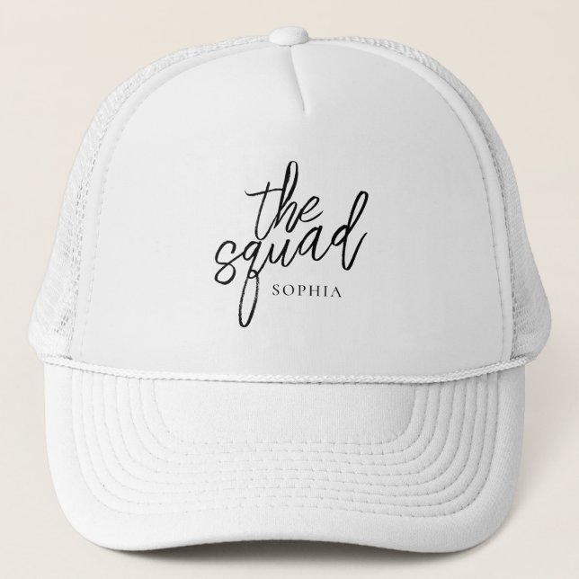 Minimal Script The Squad Bridesmaid Custom Trucker Hat (Front)