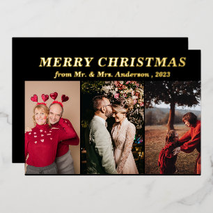 Minimal Script Three Photo black Merry Christmas  Foil Invitation