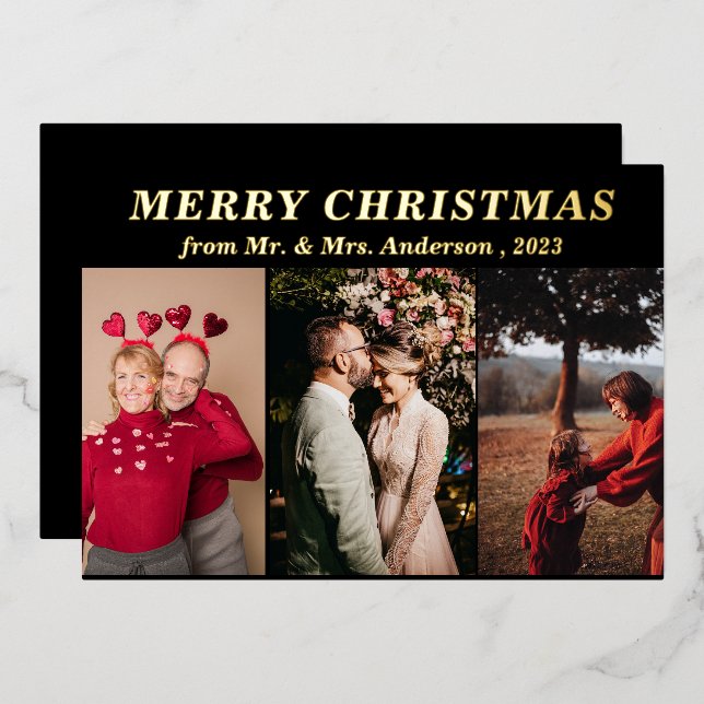 Minimal Script Three Photo black Merry Christmas  Foil Invitation (Front/Back)