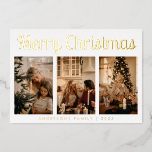 Minimal Script Three Photo Merry Christmas Foil Holiday Card