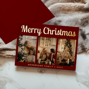 Minimal Script Three Photo Red Merry Christmas Foil Holiday Card