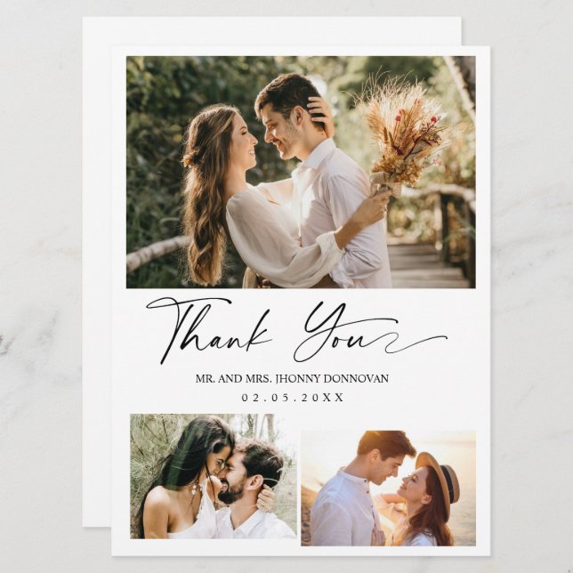 Minimal Script Three Photo Wedding Thank you Card (Front/Back)