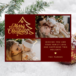 Minimal Script Two Photo Red Merry Christmas Holiday Card
