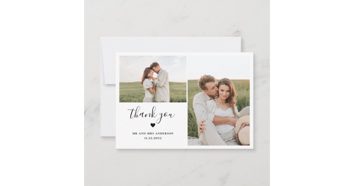 Minimal Script Two Photo With Heart Wedding Thank You Card | Zazzle