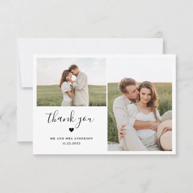 Minimal Script Two Photo With Heart Wedding Thank You Card | Zazzle