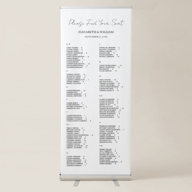 Minimal Script Wedding Alphabetic Seating Chart Retractable Banner (Front)