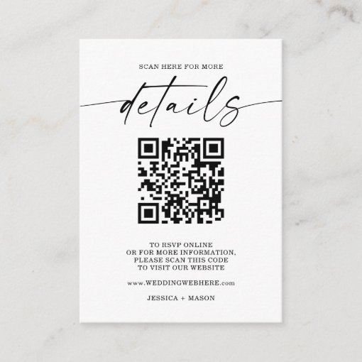 Minimal Script Wedding Website QR Code Details Enclosure Card | Zazzle