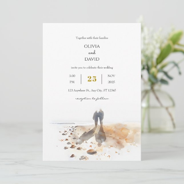Minimal Seaside Sunrise Shell Collectors’ Wedding  Invitation (Standing Front)