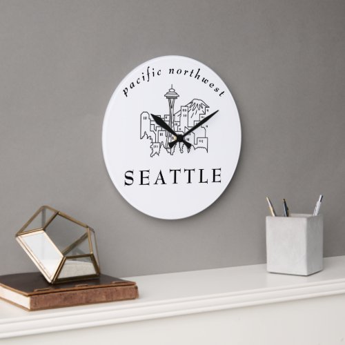 Minimal Seattle Skyline Outline Pacific Northwest Large Clock