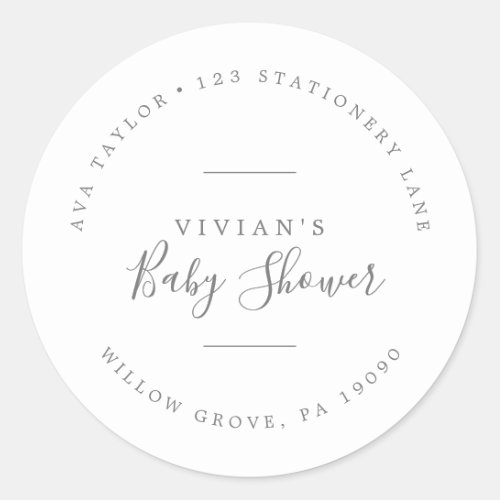 Minimal Silver Baby Shower Circular Return Address Classic Round Sticker