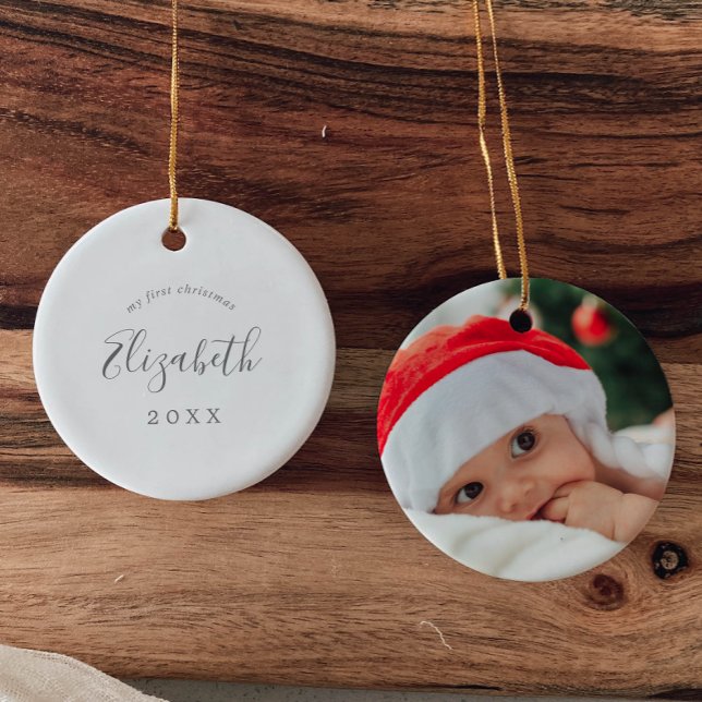 Minimal Silver Baby's 1st Christmas Newborn Photo Ceramic Ornament (Creator Uploaded)