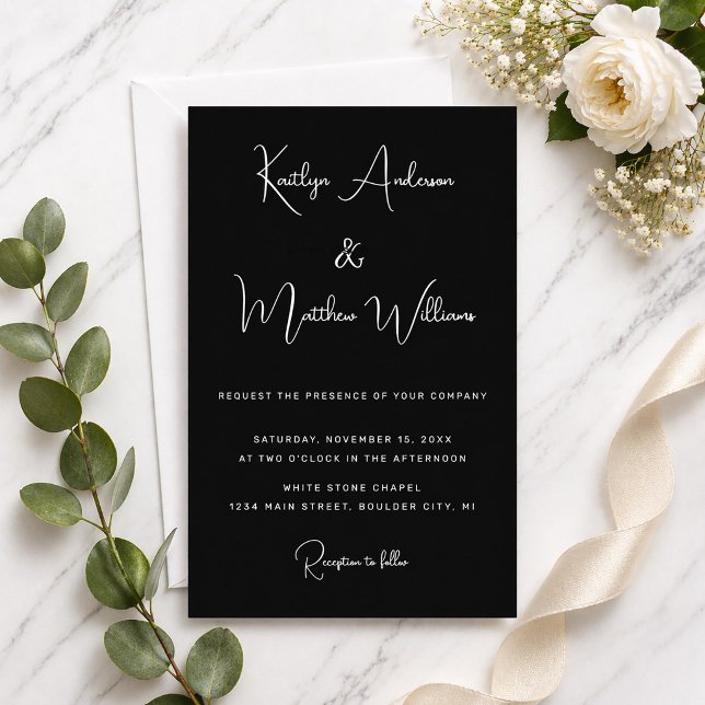 Minimal Silver Black Modern Elegant Script Wedding Foil Invitation (Black with Silver Foil Script Wedding Inviation)