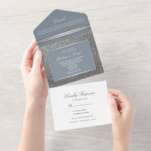 Minimal Silver Dusty Blue Wedding All In One Invitation