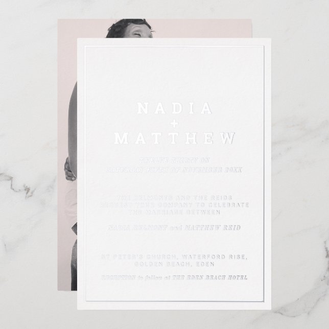 Minimal silver foil on white vertical text wedding invitation (Front/Back)