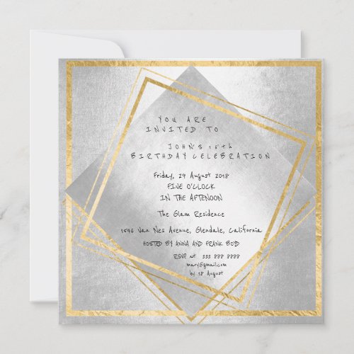 Minimal Silver Geometry Gold Square Birthday Party Invitation