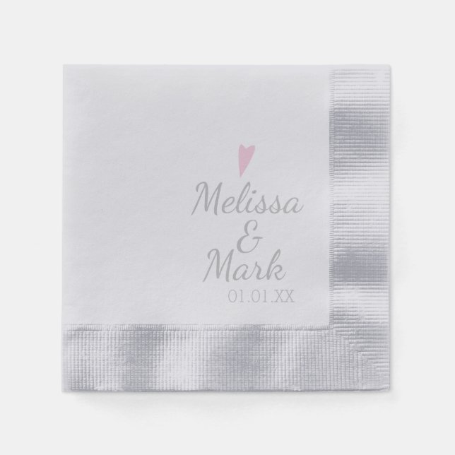 Minimal Silver Wedding Simple Heart Pink Monogram Napkins (Front)