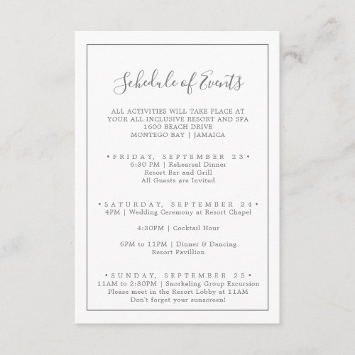 Minimal Silver Wedding Weekend Schedule of Events Enclosure Card