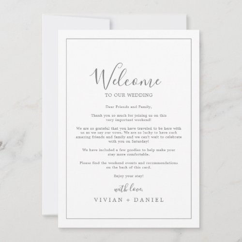 Minimal Silver Wedding Welcome Letter  Itinerary