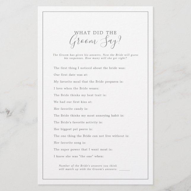 Minimal Silver What Did the Groom Say Shower Game Flyer (Front)