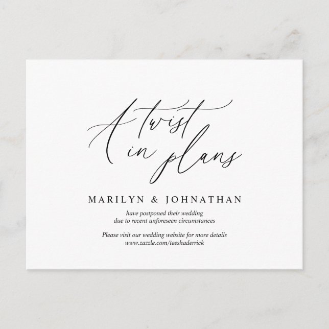 Minimal simple, A twist in plans. Wed postponed Postcard (Front)