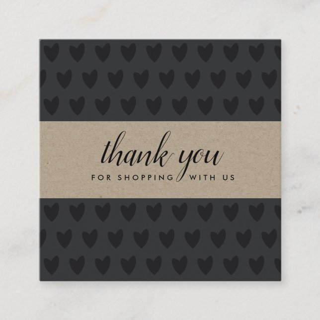 MINIMAL SIMPLE BLACK KRAFT HEART  THANK YOU LOGO SQUARE BUSINESS CARD (Front)