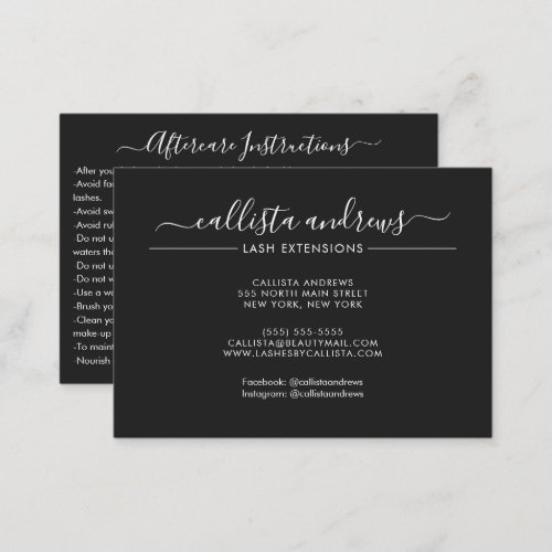 Minimal Simple Black White Script Lashes Aftercare Business Card