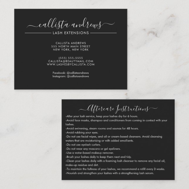 Minimal Simple Black White Script Lashes Aftercare Business Card (Front/Back)