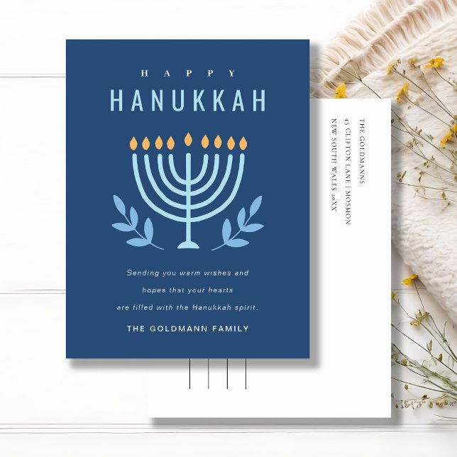 Minimal Simple Blue Menorah Candles Happy Hanukkah Holiday Postcard (Creator Uploaded)