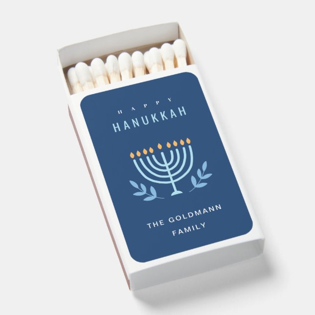 Minimal Simple Blue Menorah Candles Happy Hanukkah Matchboxes (Front Open)