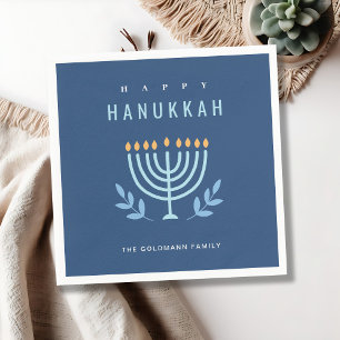 Minimal Simple Blue Menorah Candles Happy Hanukkah Napkins