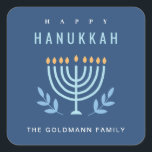 Minimal Simple Blue Menorah Candles Happy Hanukkah Square Sticker<br><div class="desc">If you need any further customisation please feel free to message me on yellowfebstudio@gmail.com.</div>